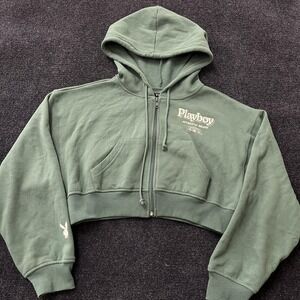 Playboy PacSun Hoodie Womens XS Green Cropped Zip Sweatshirt Authentic Brand